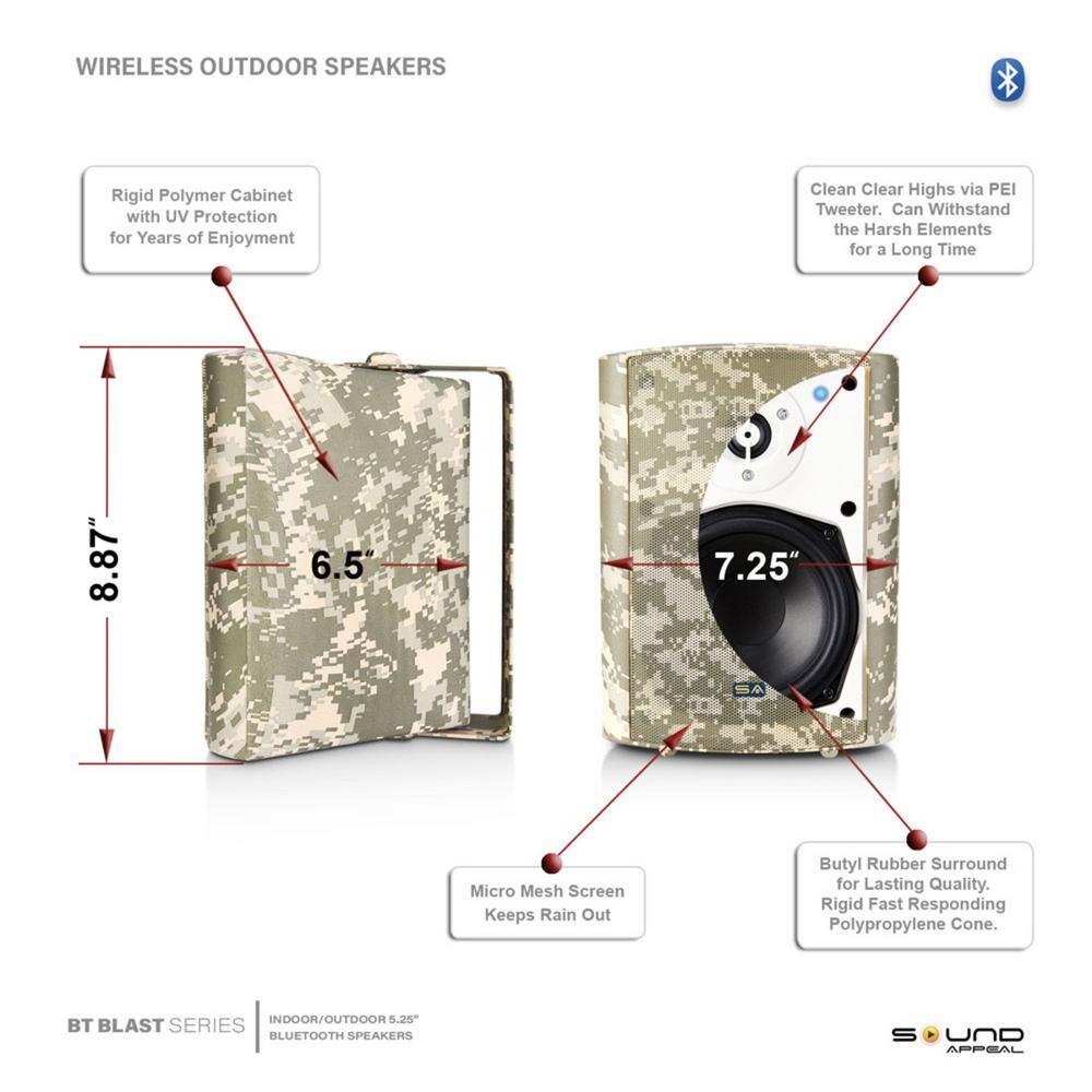 Sound Appeal 5.25 in. BT BLAST IndoorOutdoor Wireless Bluetooth Speaker Camouflage Pair SA-BLAST5-CF