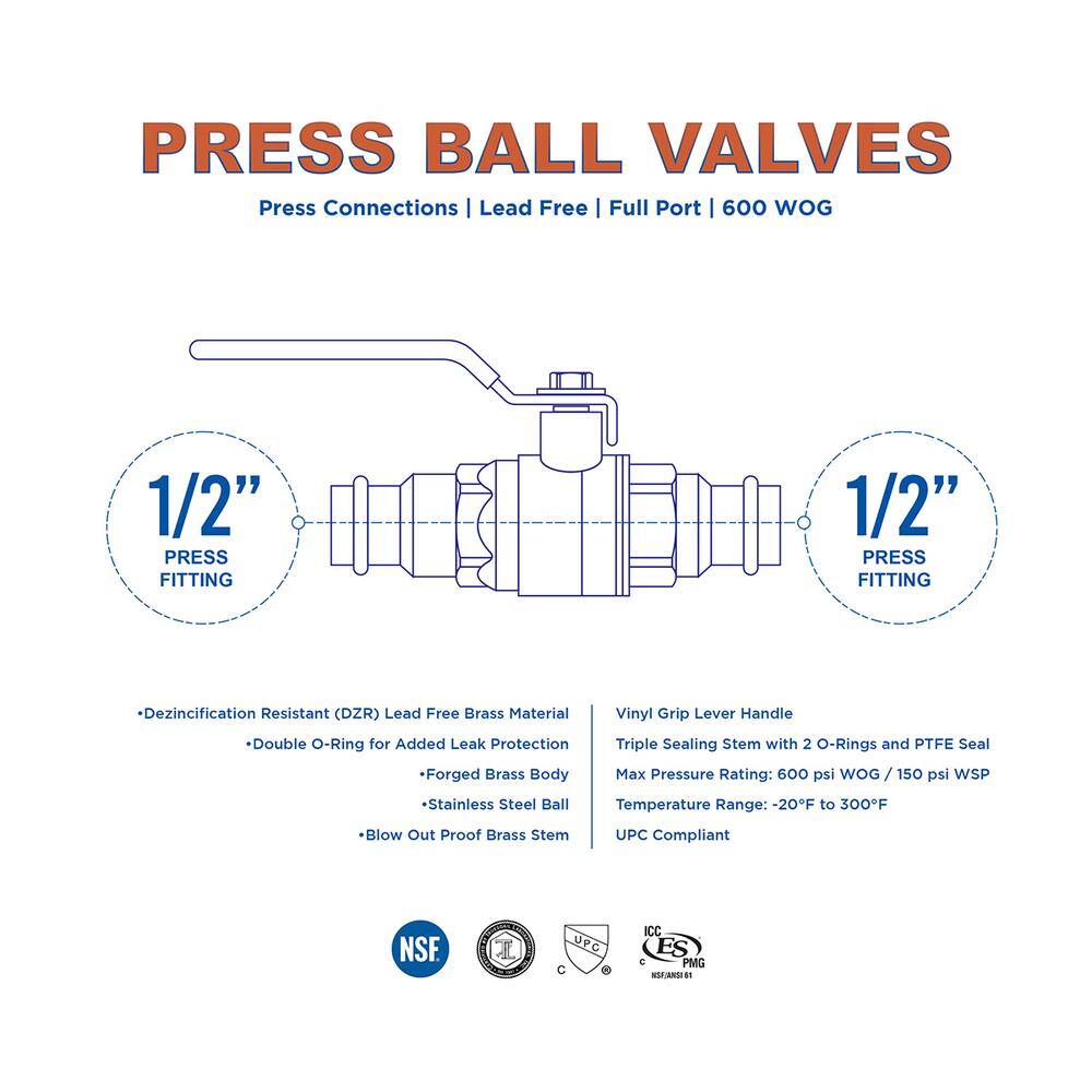 The Plumber's Choice 12 in. Brass Double-O-Ring Press Ball Valve VLV532012