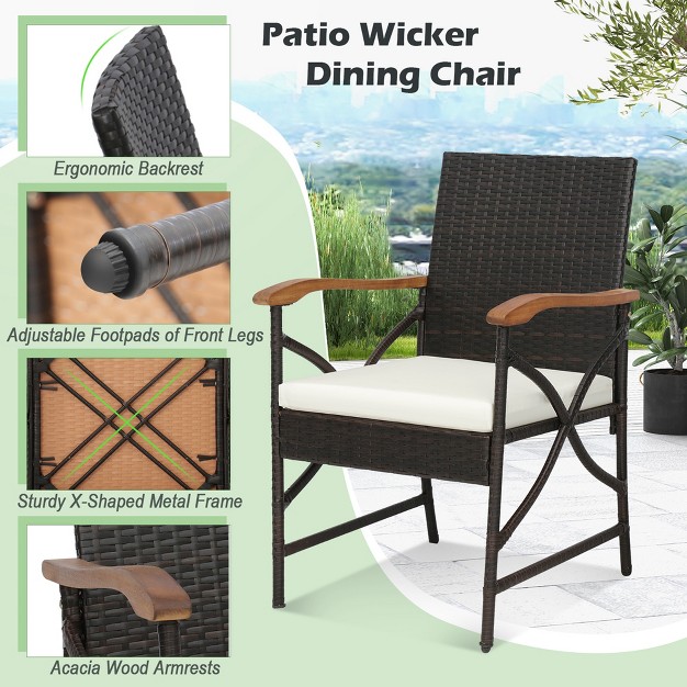 Costway 7pcs Patio Wicker Dining Set Cushion Acacia Wood Armrests Table With Umbrella Hole