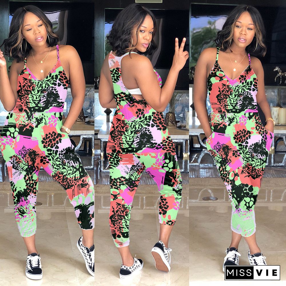 Colorful Elements Printed Loose Suspenders Jumpsuit