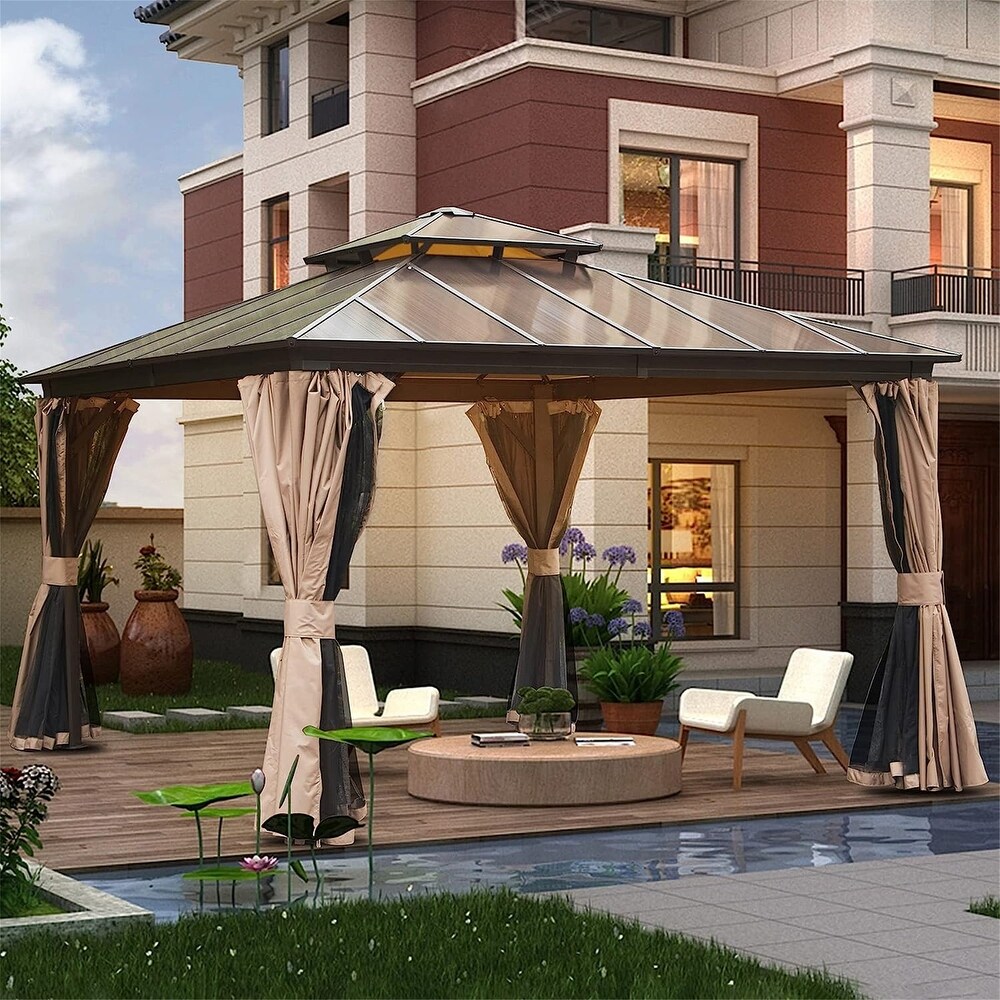 Brown 12 x 12 ft Hardtop Gazebo with Ventilated Polycarbonate Double Roof  Sturdy Aluminum Frame