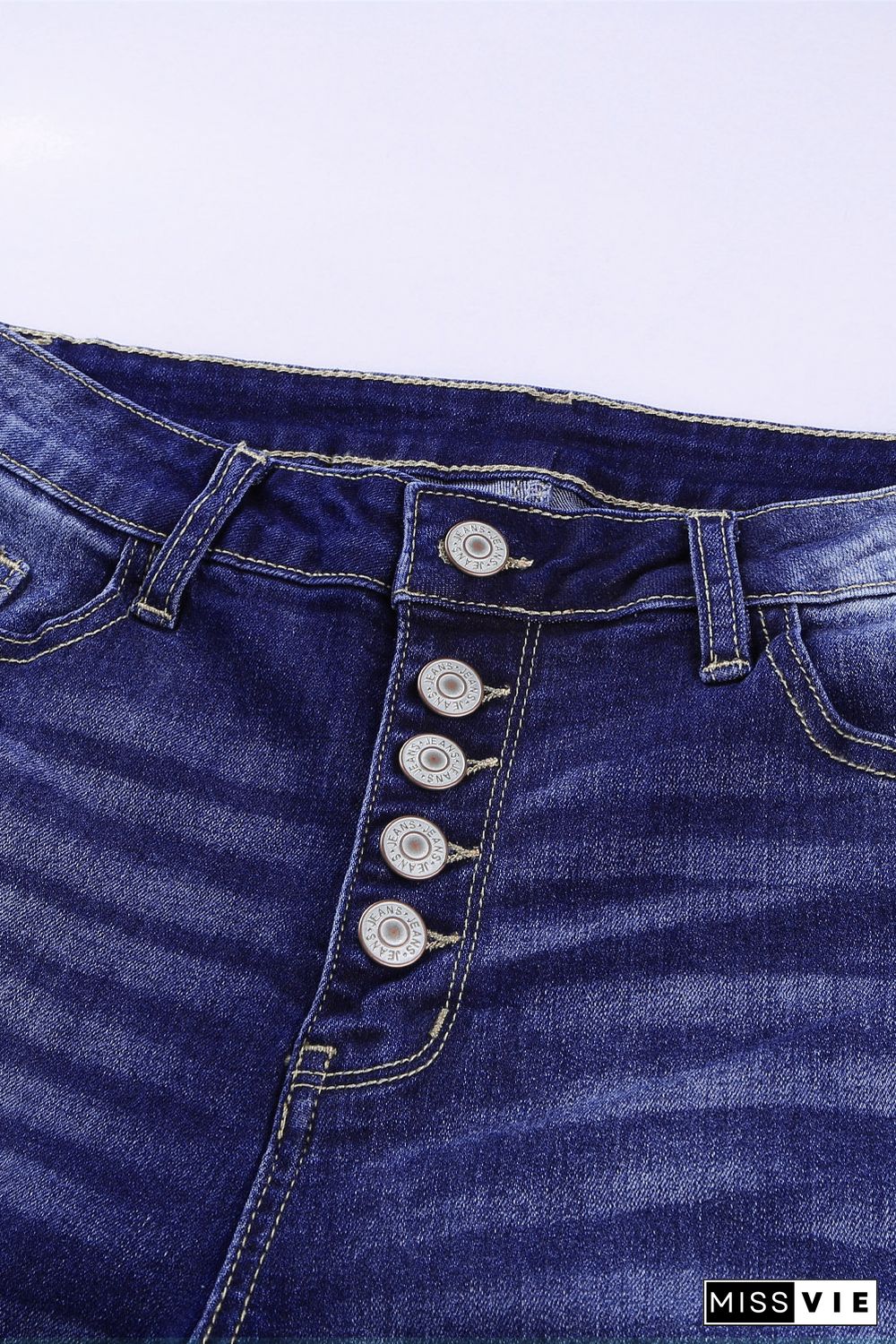 Blue High Rise Button Front Frayed Ankle Skinny Jeans