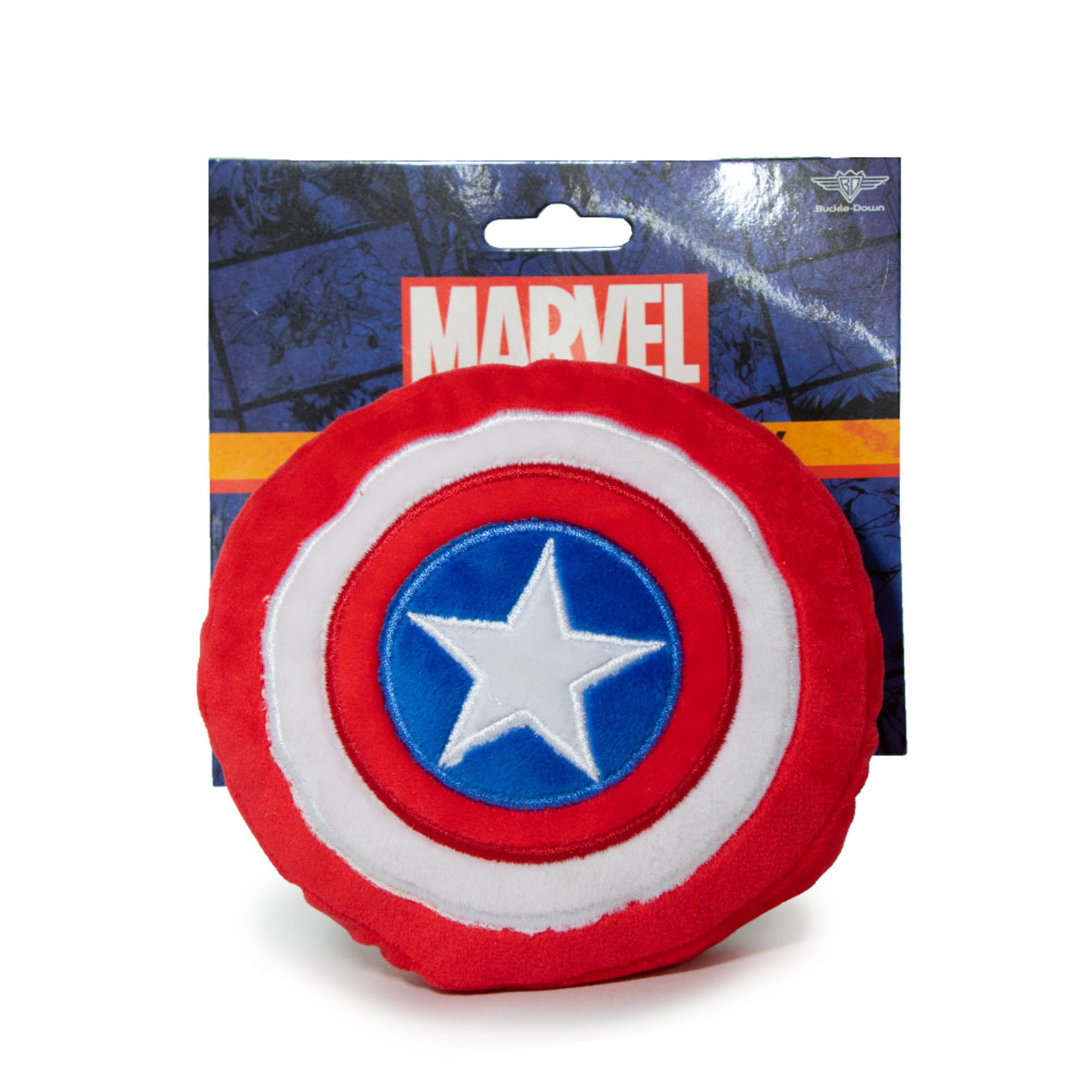 Buckle-Down Red/White/Blue Marvel Captain America Shield Plush Squeaker Dog Toy， X-Small