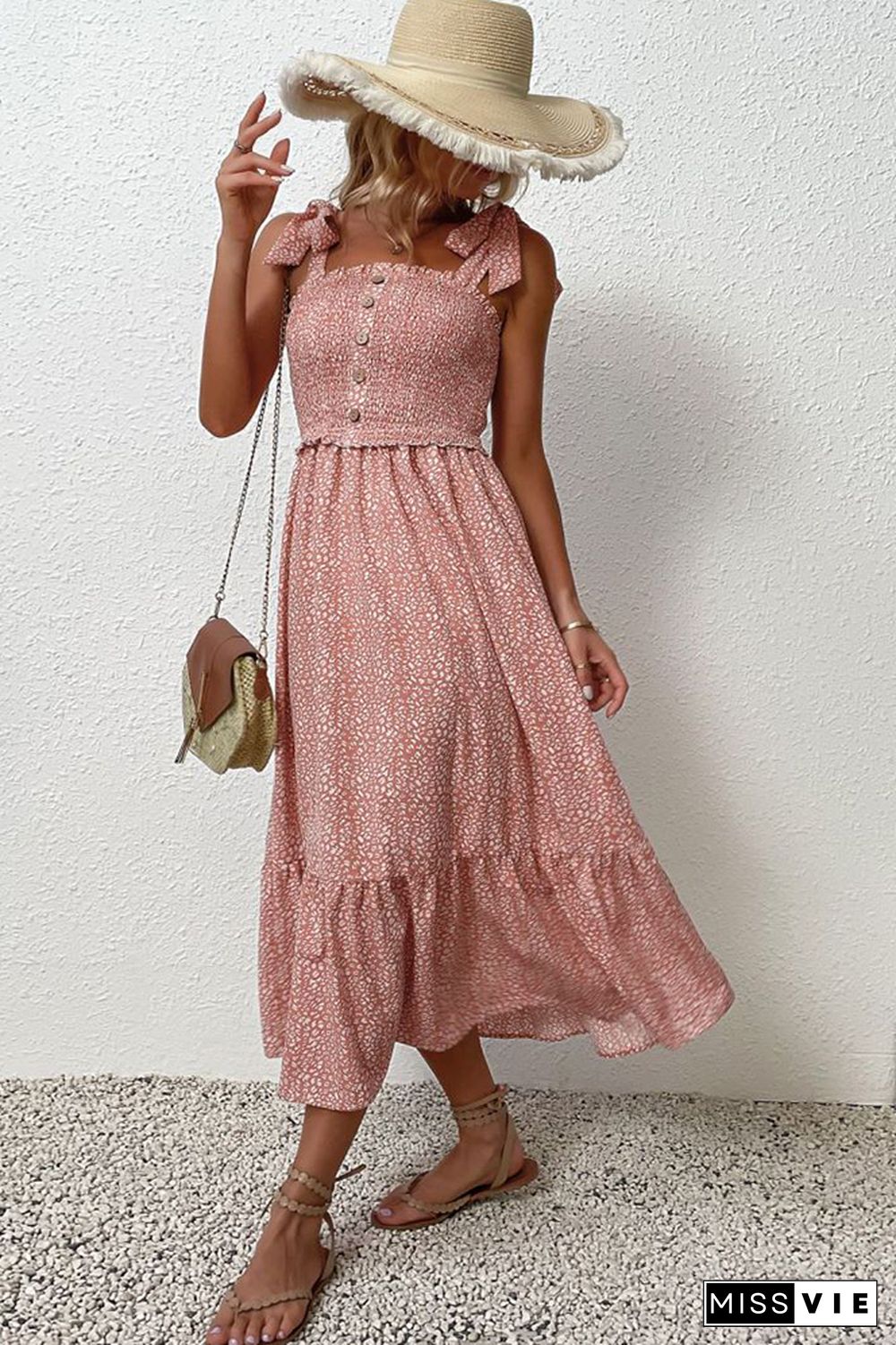 Pink Button Down Smocked Top Ruffle Floral Maxi Dress