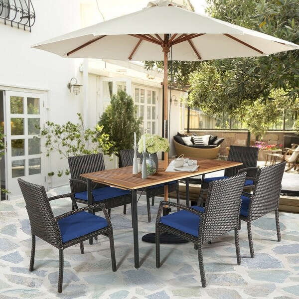 7Pcs Patio Rattan Cushioned Dining Set with Umbrella Hole