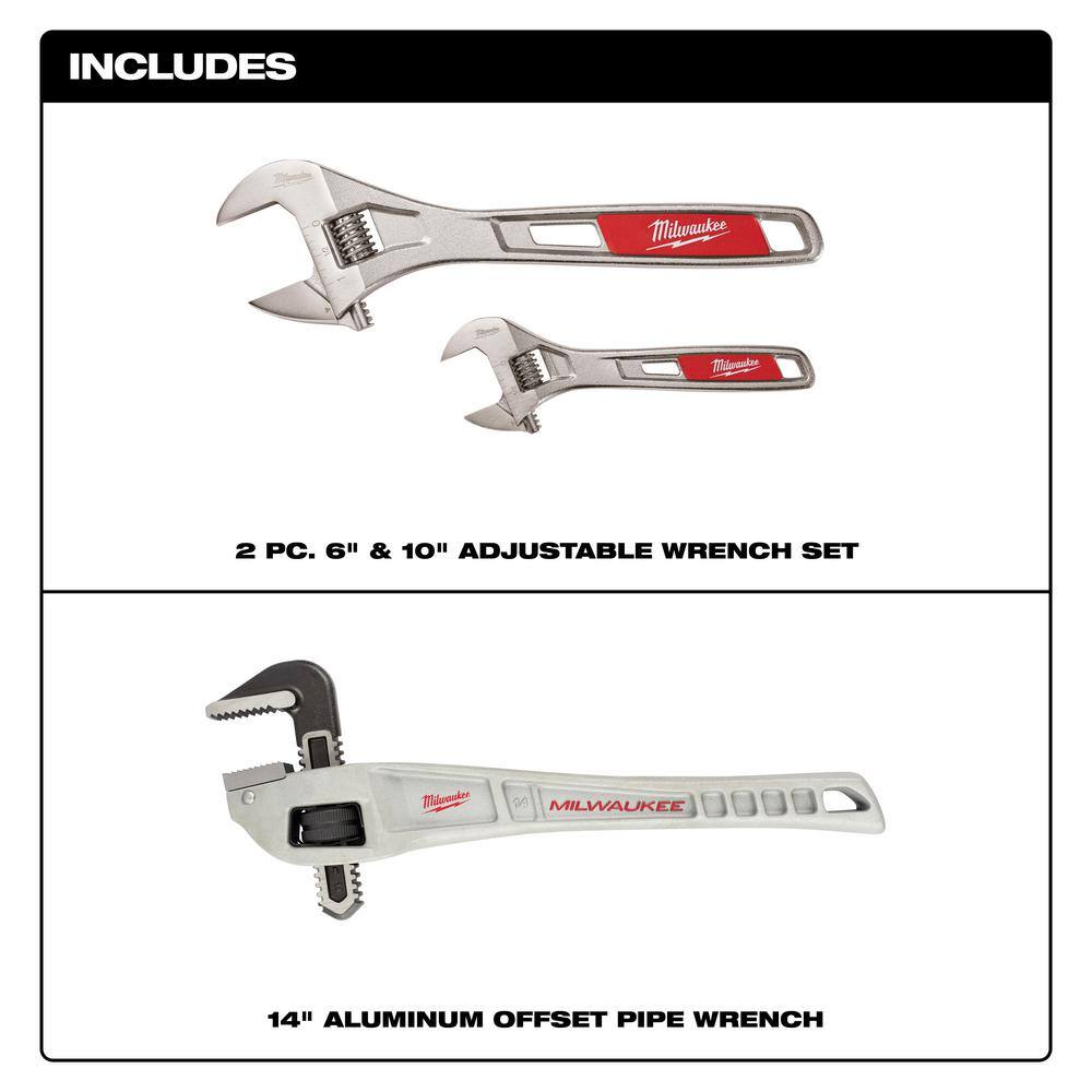 MW 6 in. and 10 in. Adjustable Wrench Set with 14 in. Aluminum Offset Pipe Wrench (3-Piece) 48-22-7400-48-22-7184