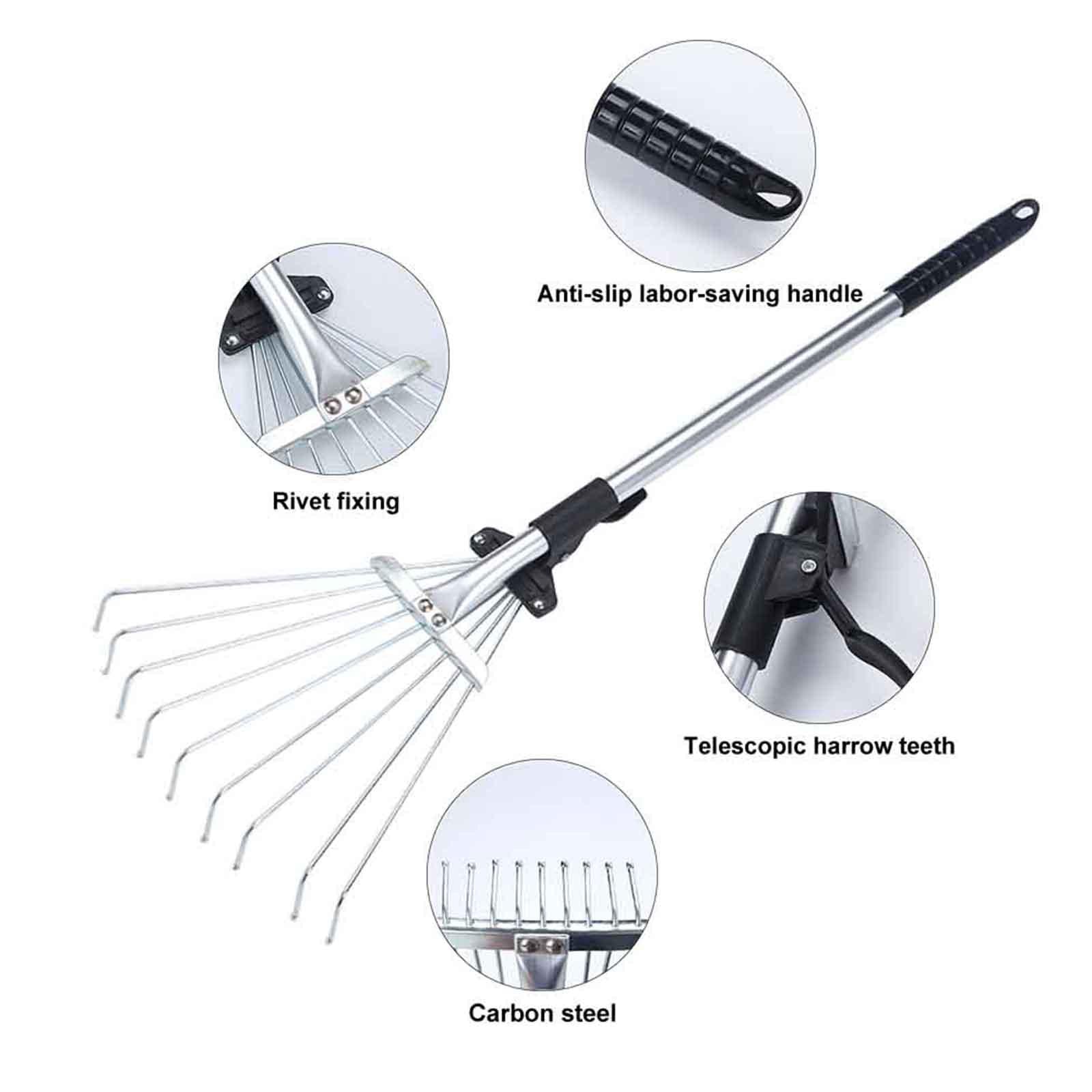 Telescopic Garden Leaf Rake, Lightweight Collect Loose Debris Versatile Collapsible Adjustable Folding Head for Gardening Plants