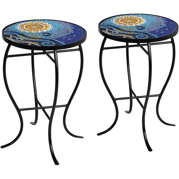 Wide Set Of 2 Blue Mosaic Tabletop For Front Porch Patio Home House