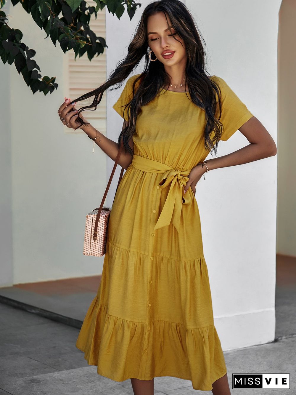 Short Sleeve Round Neck Wrap Tie Waist Maxi Dress