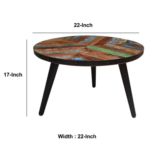 17 Inch Industrial Side Table， Reclaimed Wood， Round Multi Tone Top， Iron Trim， Brown， Black - 22 L x 22 W x 16.5 H Inches