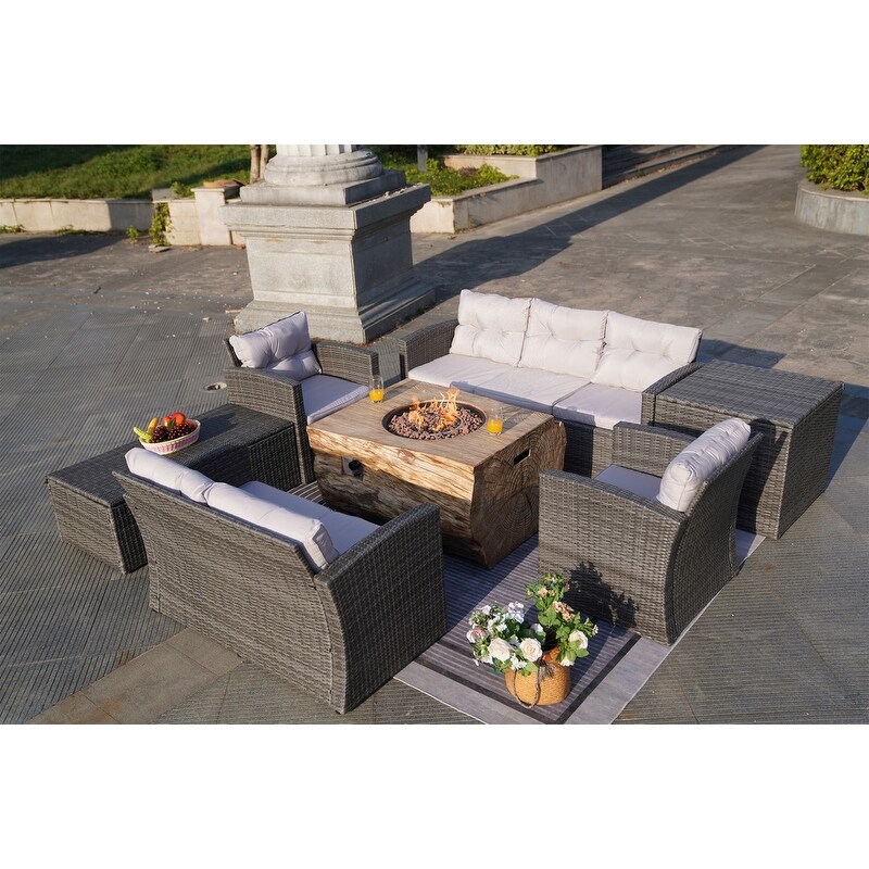 7 Piece Outdoor Wicker Conversation Sofa Set with Fire Pit