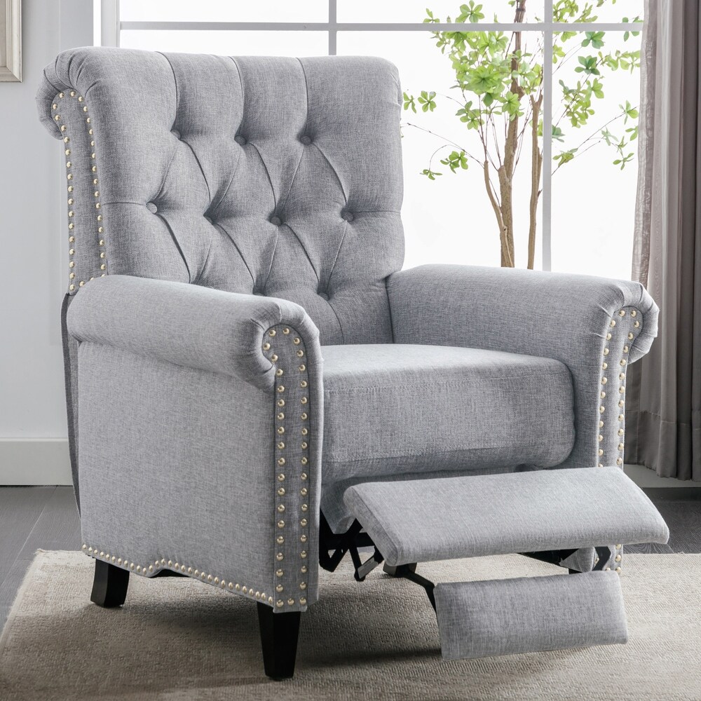 Pushback Linen Tufted Recliner Single Sofa with Nailheads Roll Arm  Adjustable Recliner for Living Room  Bedroom  Office