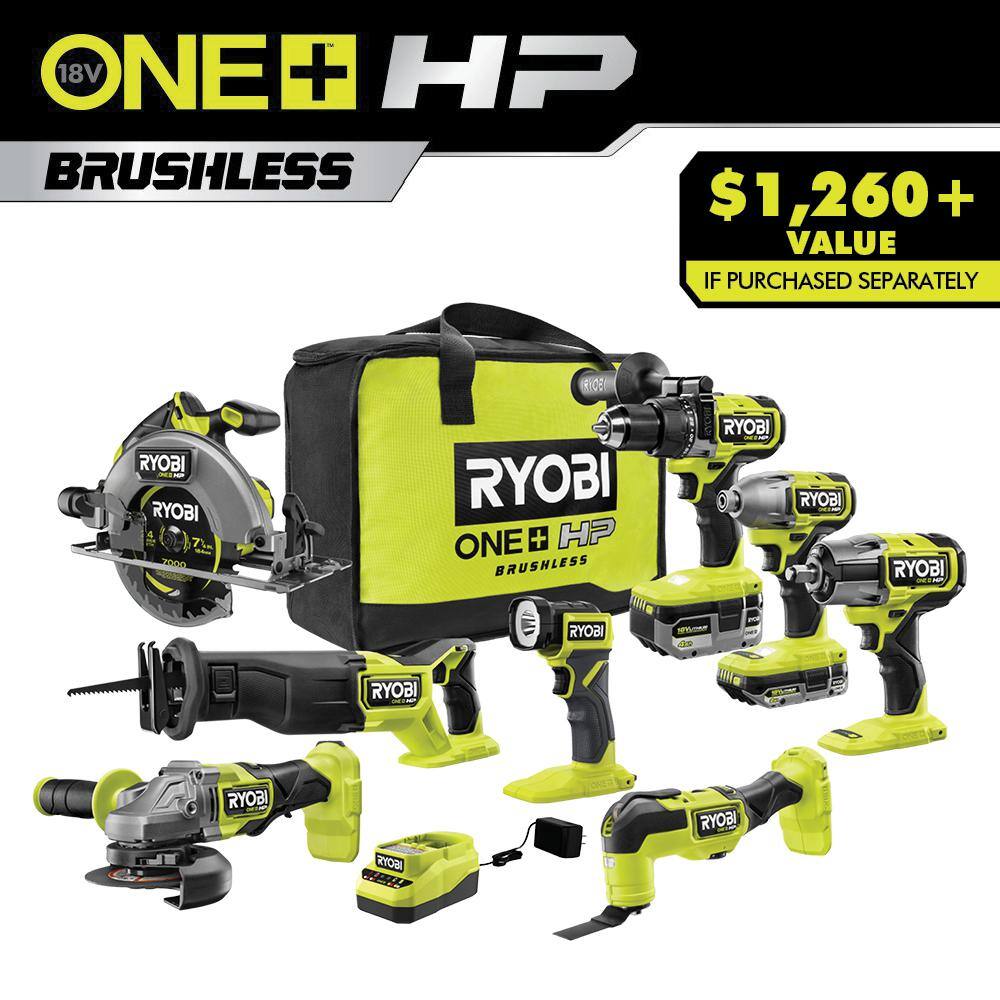 RYOBI ONE+ HP 18V Brushless Cordless 8-Tool Combo Kit with 4.0 Ah and 2.0 Ah HIGH PERFORMANCE Batteries Charger and Bag PBLCK108K2