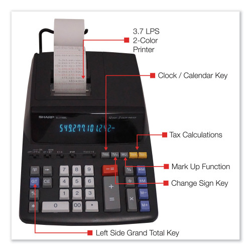 Sharp EL2196BL Two-Color Printing Calculator， Black/Red Print， 3.7 Lines/Sec