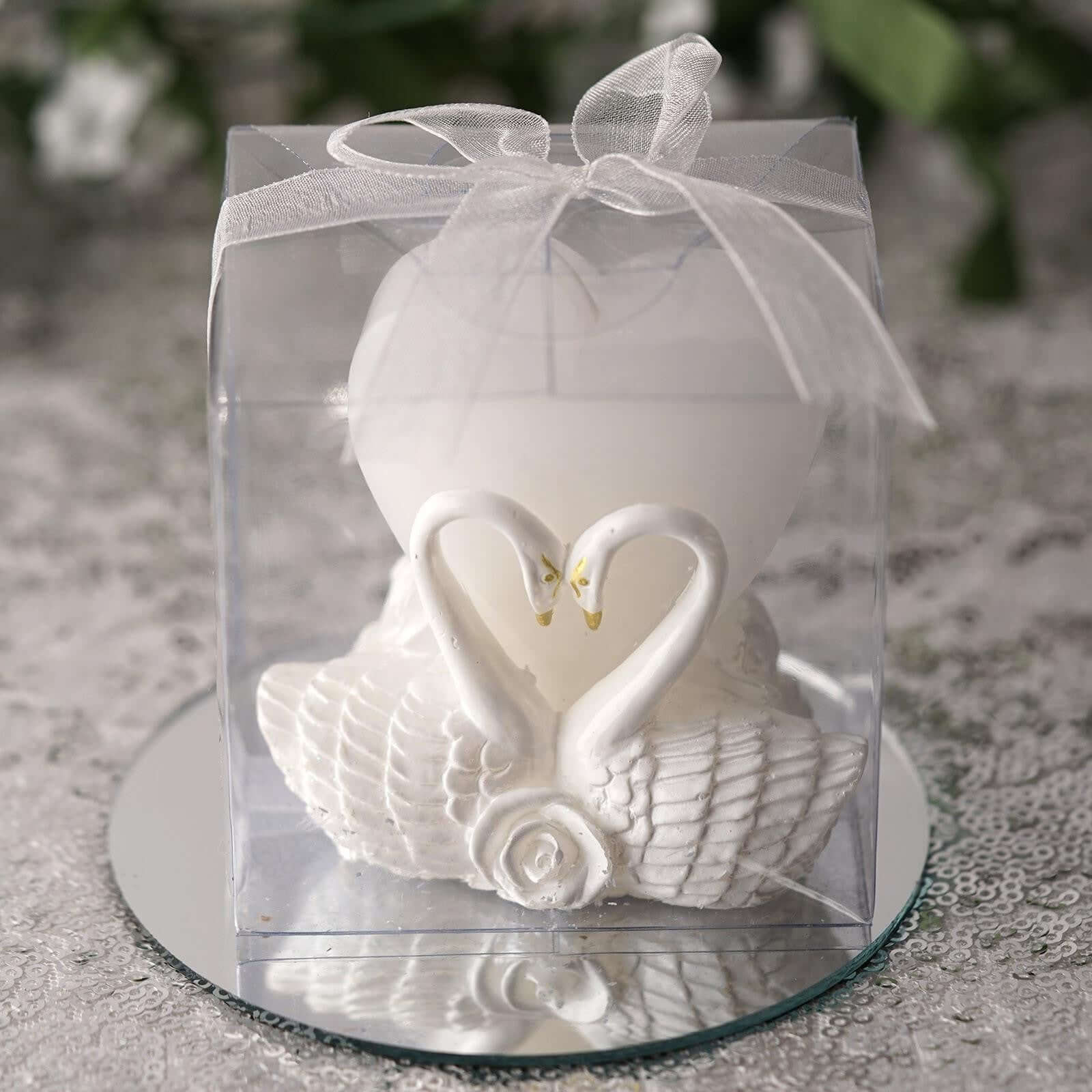 White Heart Candle and Swan Candle Holder Set Party Favors and Clear Favor Gift Box with Organza Ribbon Tie 3