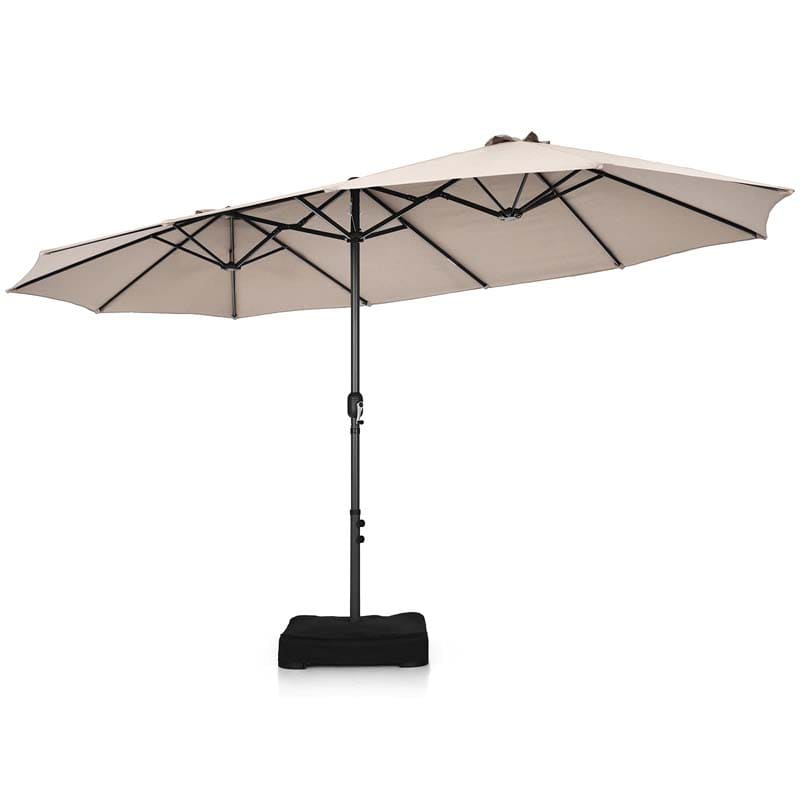 15FT Double-Sided Twin Patio Umbrella with Base & Crank System, Extra-Large Cantilever Market Umbrella