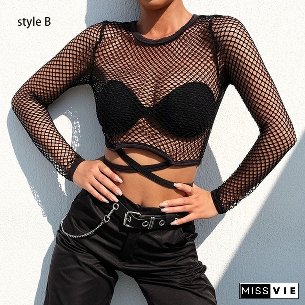 Women's Summer Fashion Black Fishnet Tops Sexy Hollow Long Sleeve Mesh Tops T-shirt Sheer Tops