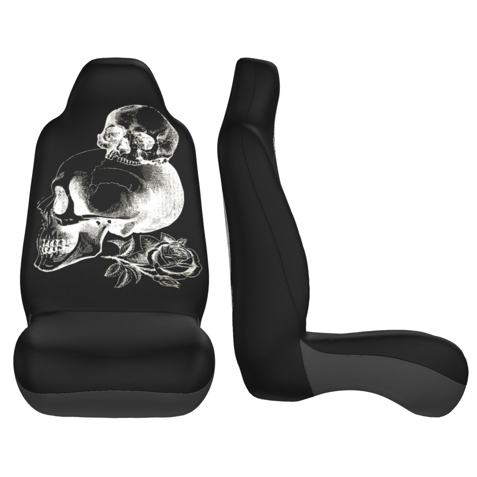 TEQUAN Front Seat Covers， Death Skeleton Skull Rose Pattern 2 Piece Car Seat Cover Fit Most Car SUV Truck Van