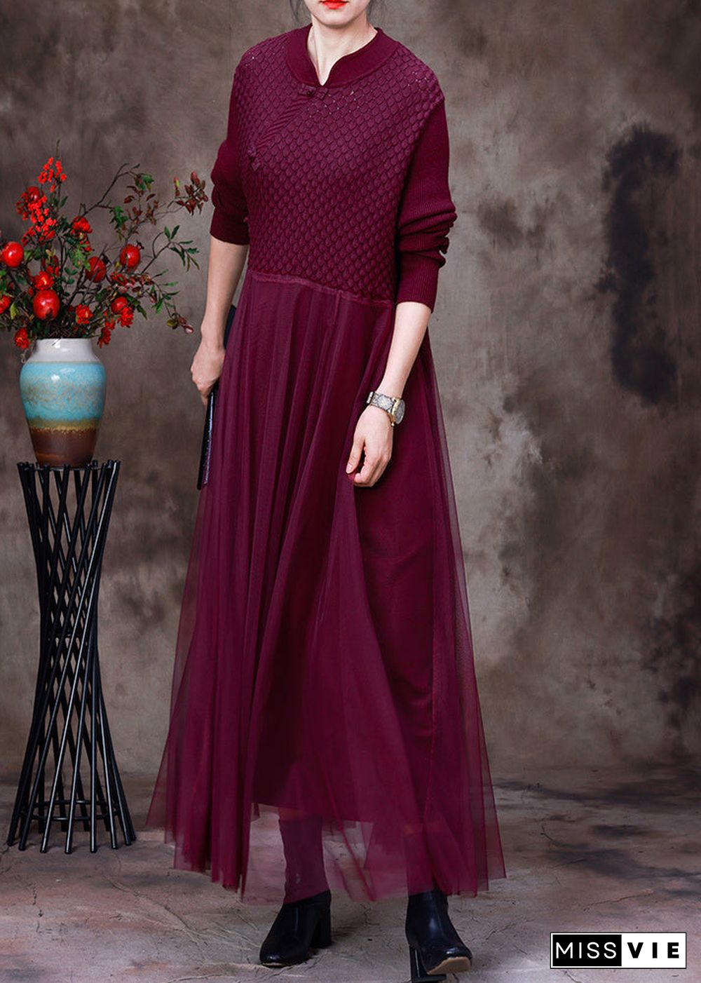 DIY Purple Stand Collar Tulle Patchwork Knit Mid Dress Long Sleeve