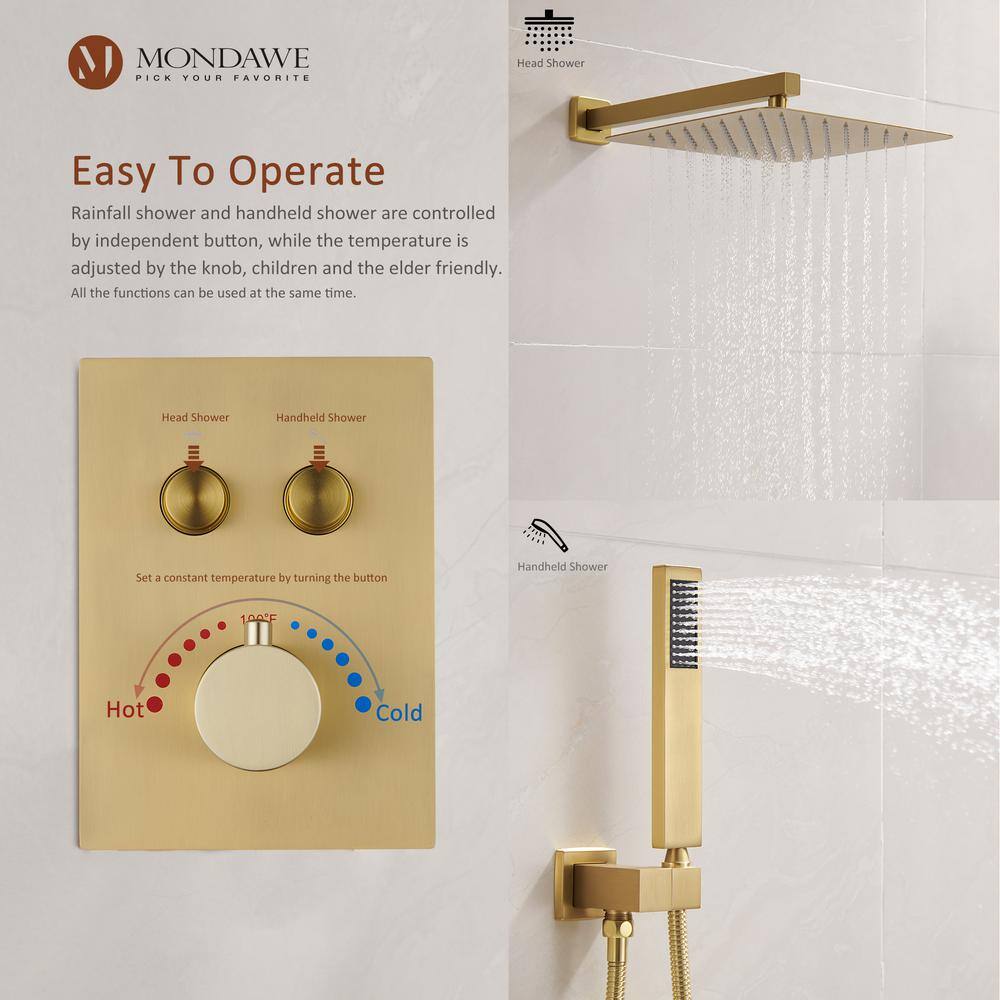 Mondawe 2-Spray Patterns 12 in. Wall Mount Rainfall Dual Shower Heads with Thermostatic Bathroom Showers in Gold WF6647-12BG