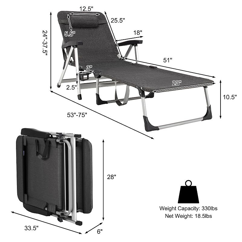 Beach Folding Chaise Lounge Recliner with 7 Adjustable Position