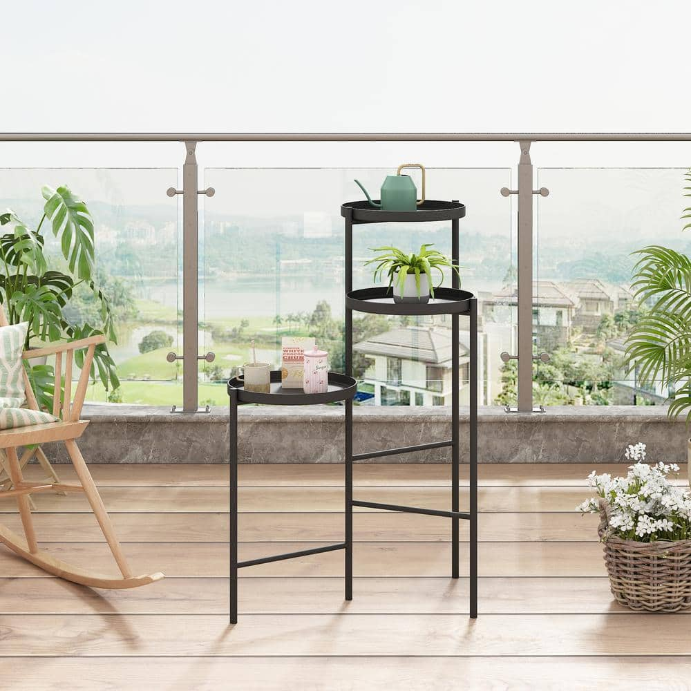 JAXPETY 30 in. Metal Corner Plant Stand in Black Indoor/Outdoor (3-Tier) HG61W0938