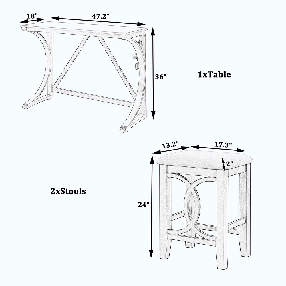 Farmhouse 3 Piece Counter Height Dining Table Set with USB Port and Upholstered Stools