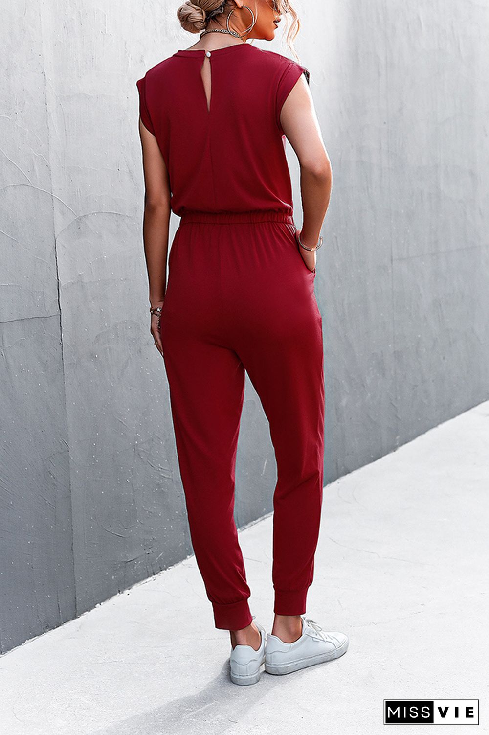 Solid Sleeveless Drawstring Waist Jumpsuit Wholesale