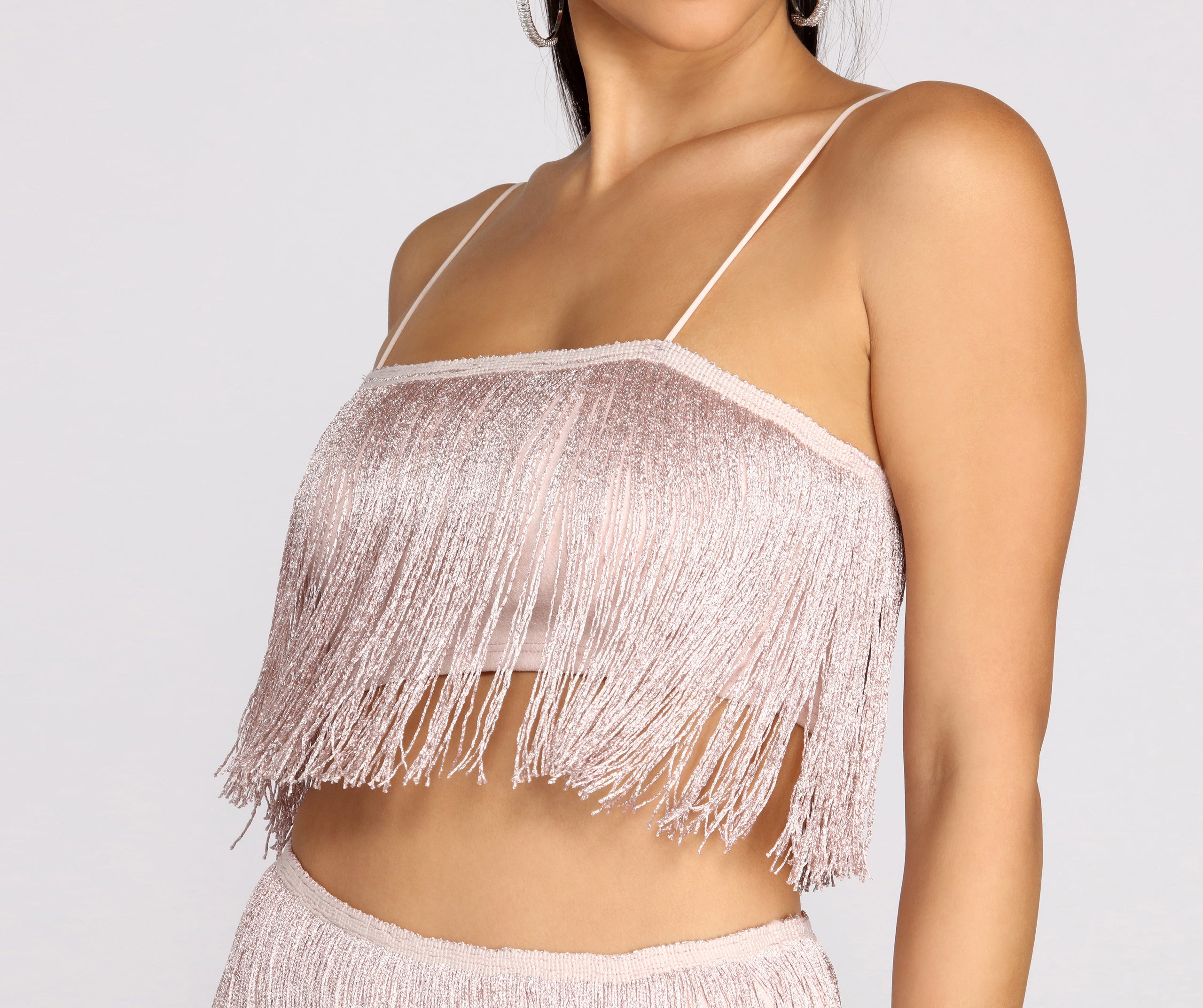 Don't Stop Now Metallic Fringe Crop Top