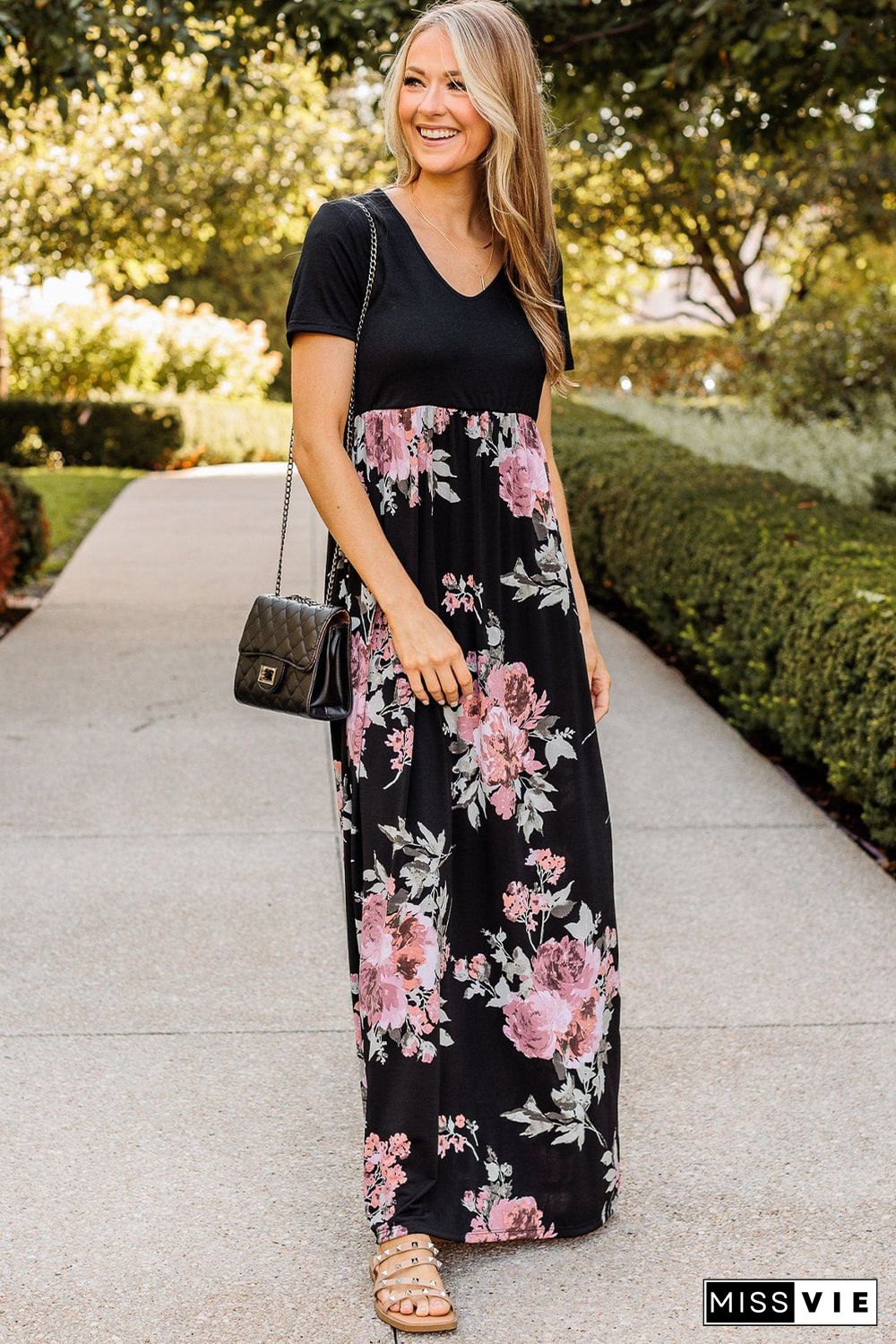 Black Contrast Floral Empire Waist Maxi Dress