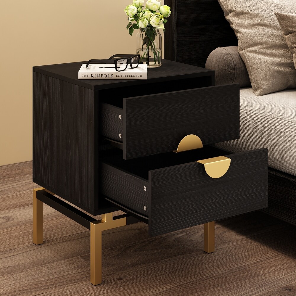 Timechee 2 Drawers Metal Handles Wood Bedside Table End Table Nightstand