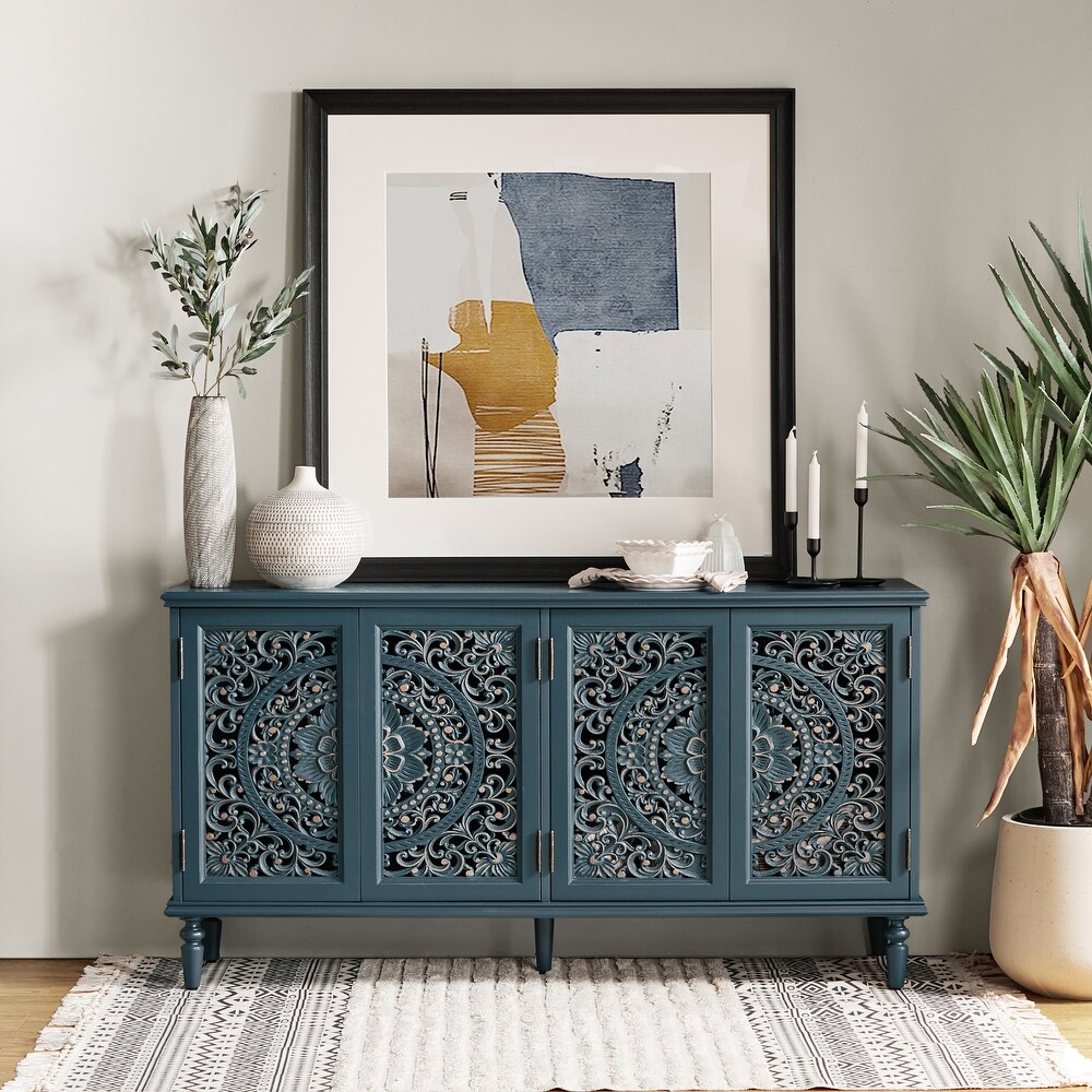 Ismenides Traditional Floral carved Built in Lighting Storage Sideboard With Adjustable shelves By HULALA HOME