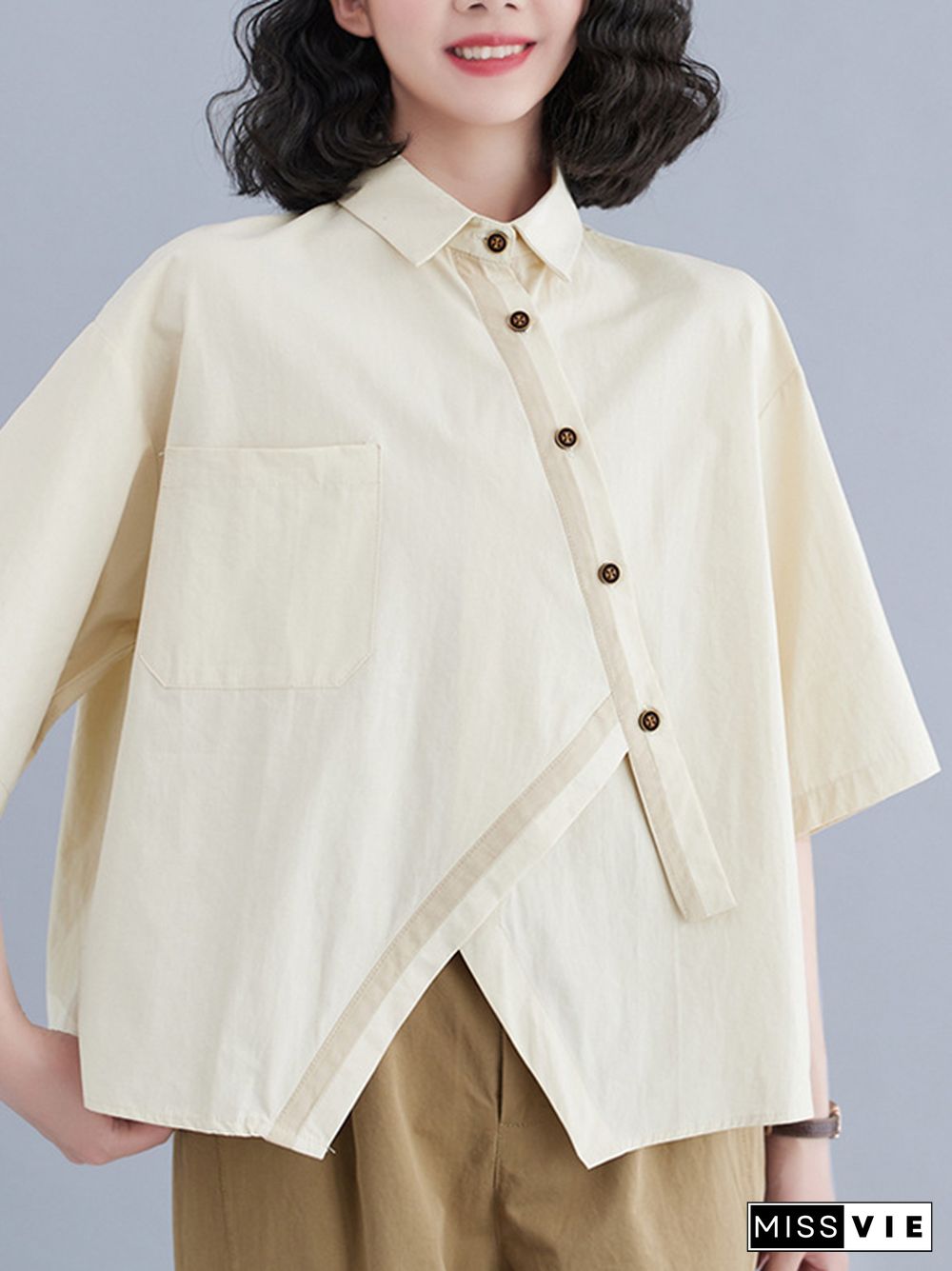 Half Sleeves Irregular Clipping Lapel Blouses&Shirts Tops