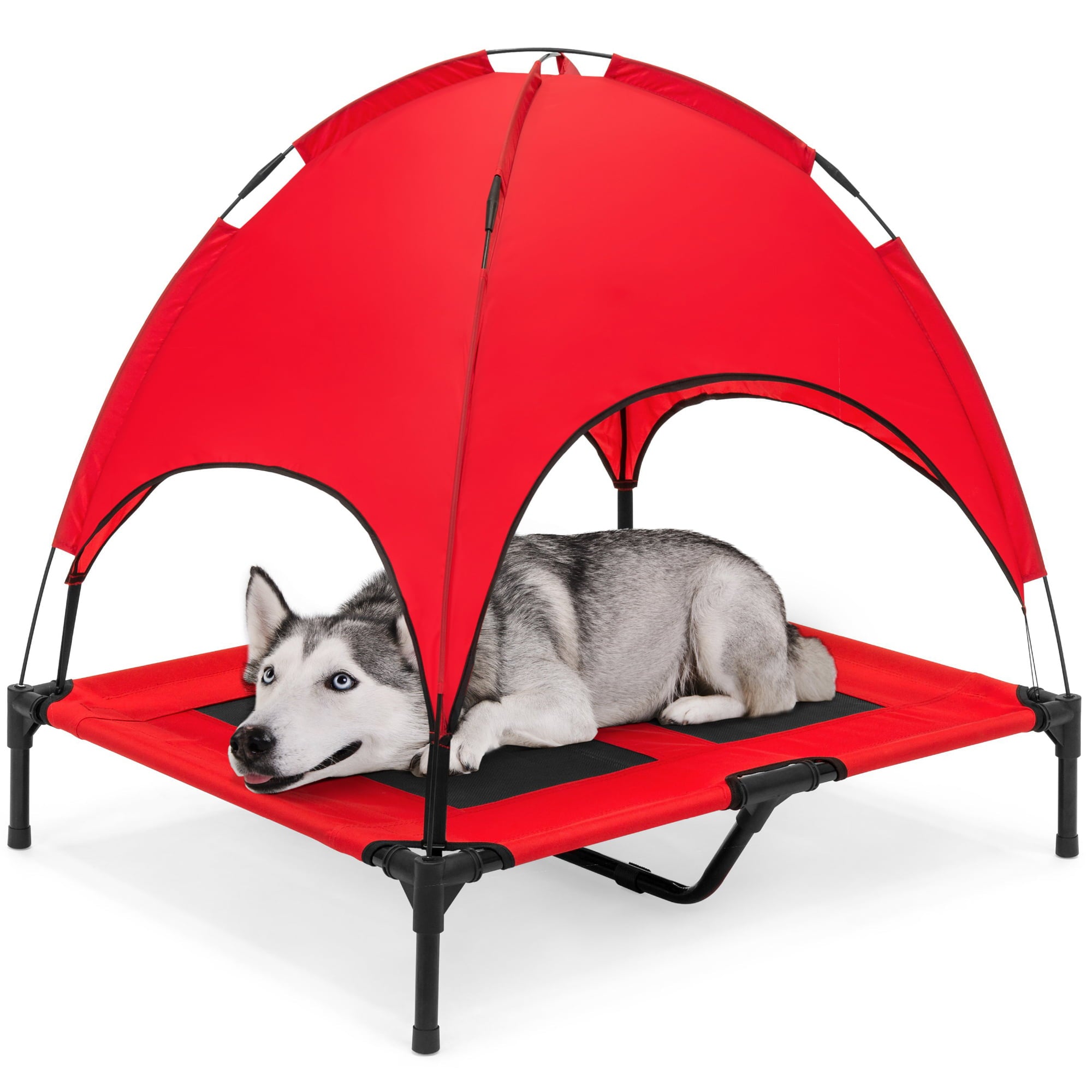 Best Choice Products 36in Outdoor Raised Mesh Cot Cooling Dog Pet Bed w/ Removable Canopy, Travel Bag - Red