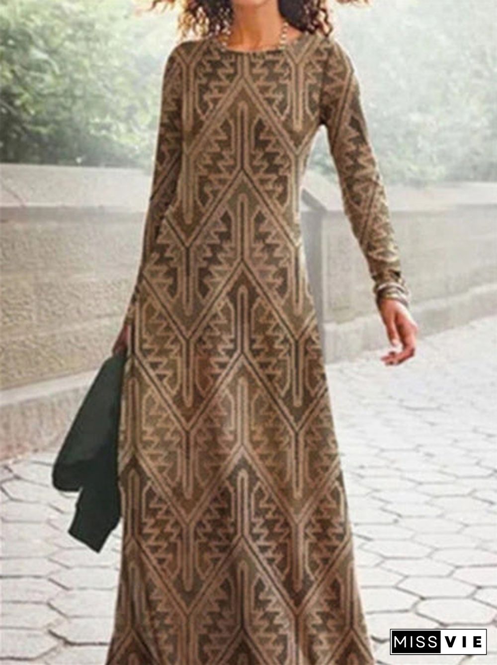 Women's Graphic Ethnic Print Scoop Neck Long Sleeve Midi Dress