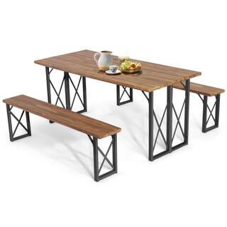 WELLFOR 67 in. L 6-Person Acacia Wood Picnic Table Bench Set with 2 in. Umbrella Hole KC-HGY-55469+