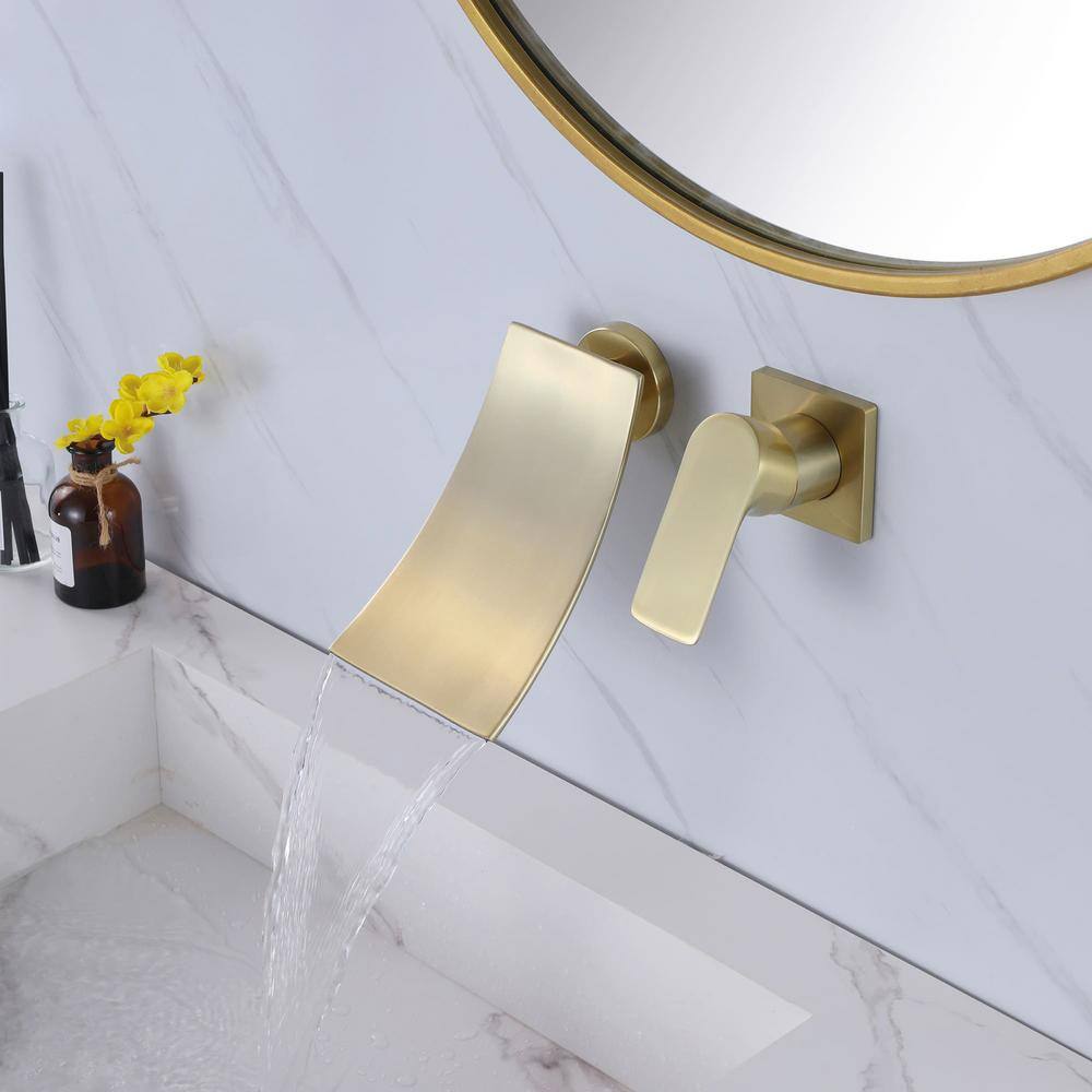 FLG Single-Handle Wall Mounted Bathroom Faucet Waterfall Brass Bathroom Sink Vanity Taps in Brushed Gold (Valve Included) KK-0069-BG