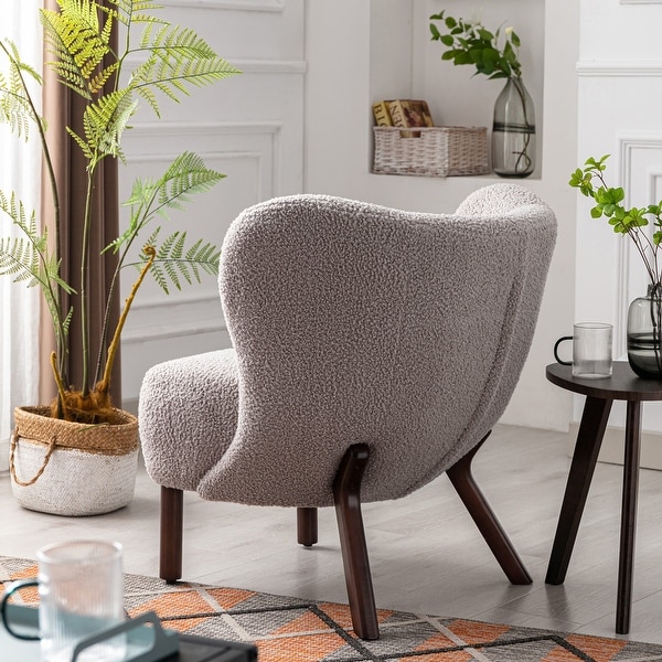 Modern Accent Chair with Lambskin Sherpa Wingback Tufted Side， Solid Wood Legs