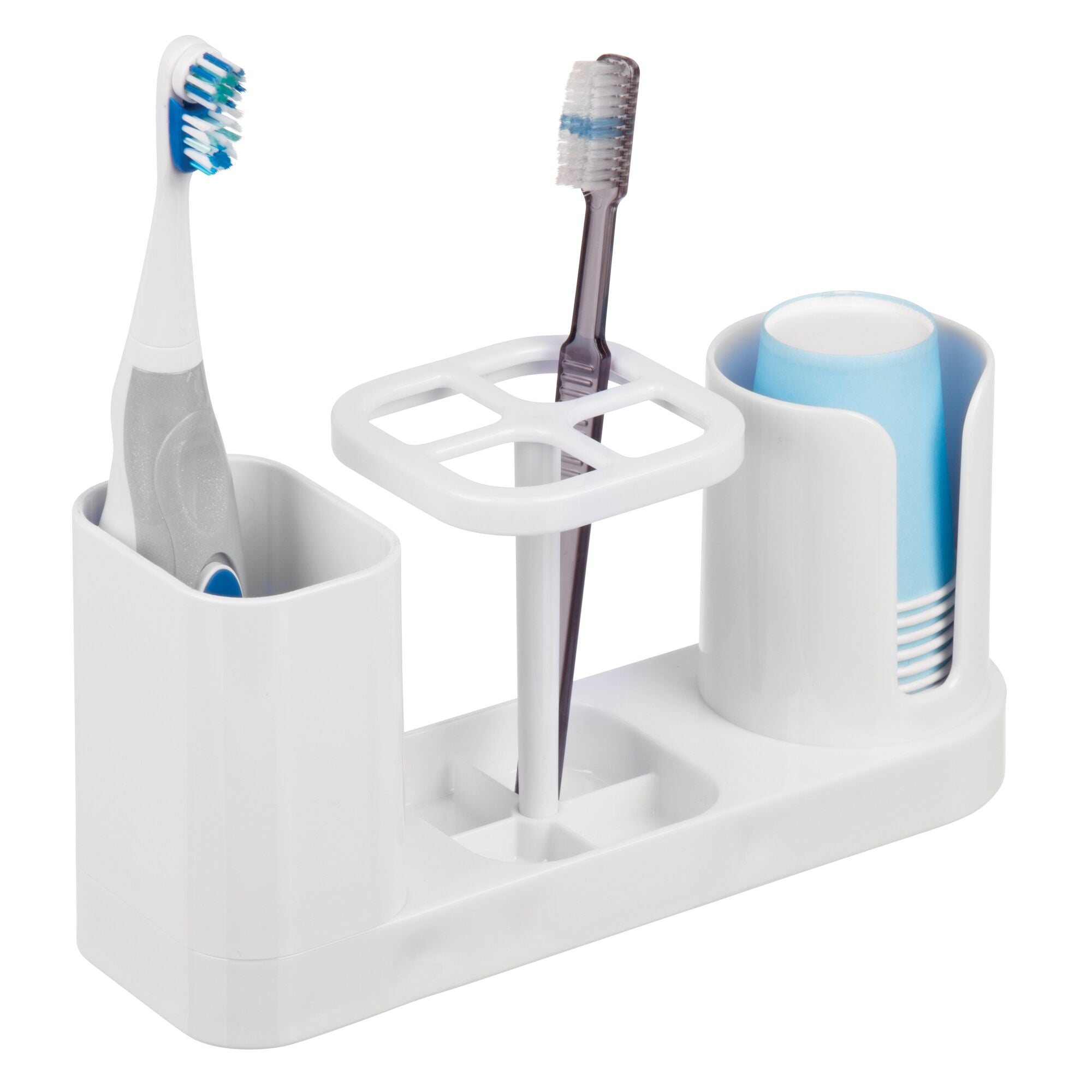 mDesign Plastic Bathroom Vanity Countertop Dental Storage Organizer Holder Stand for Electric Spin Toothbrushes/Toothpaste with Compartment for Rinse Cups - Compact Design - White