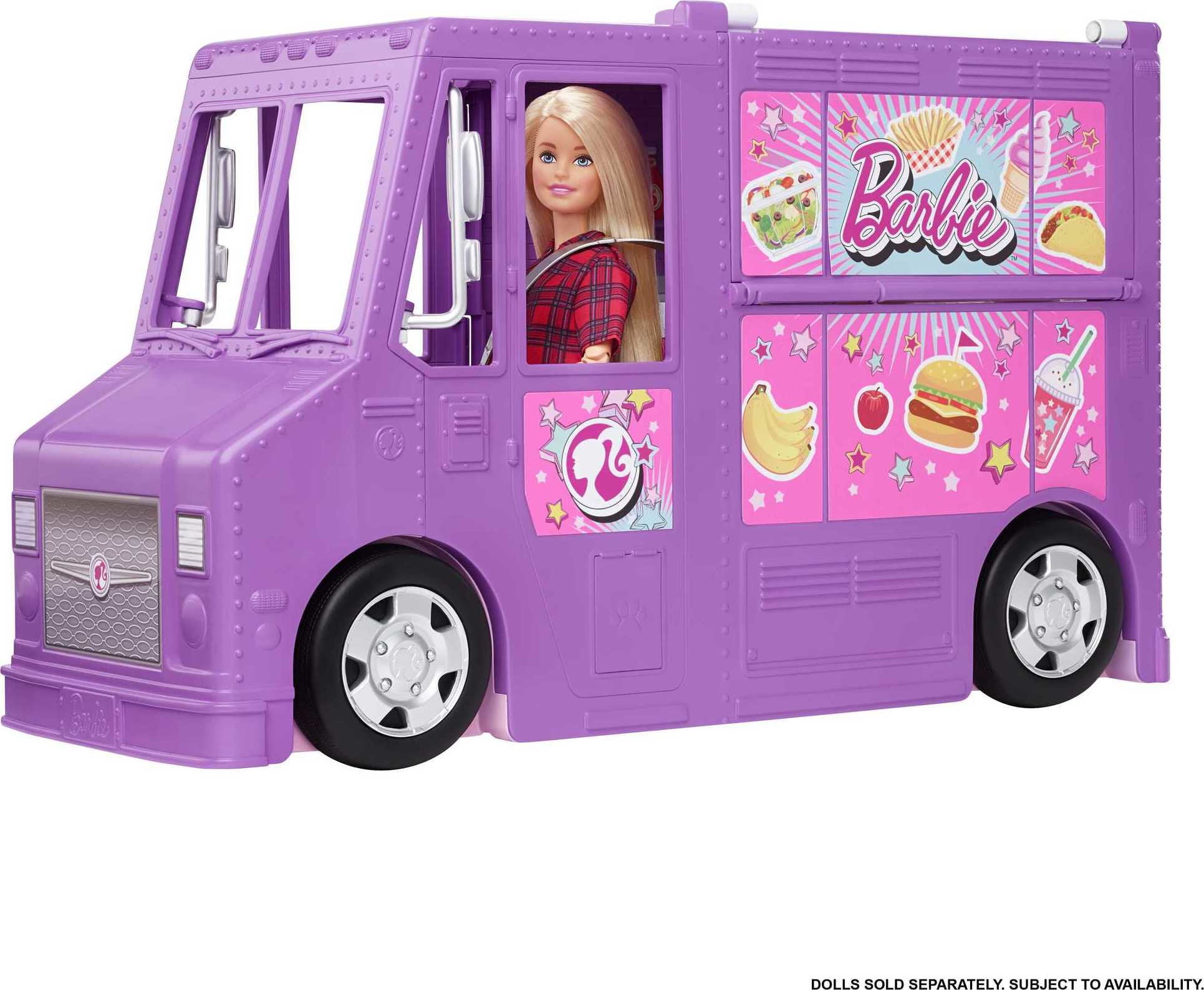 Barbie Fresh 'n Fun Food Truck Playset with Blonde Doll and 30+ Accessories. Lift Side for Kitchen