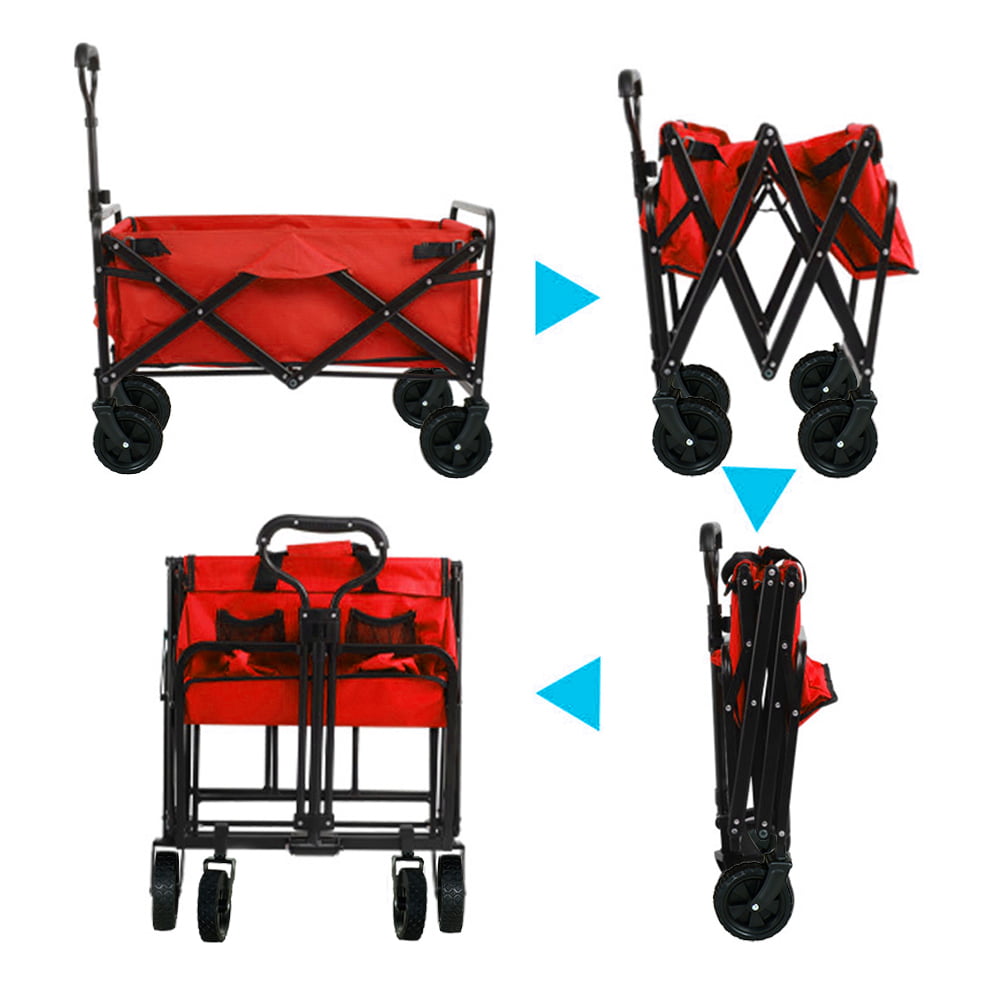 Heavy Duty Collapsible Folding Cart, All Terrain Utility Wagon Beach Outdoor Camping Garden Cart with Universal Wheels & Adjustable Handle, Red