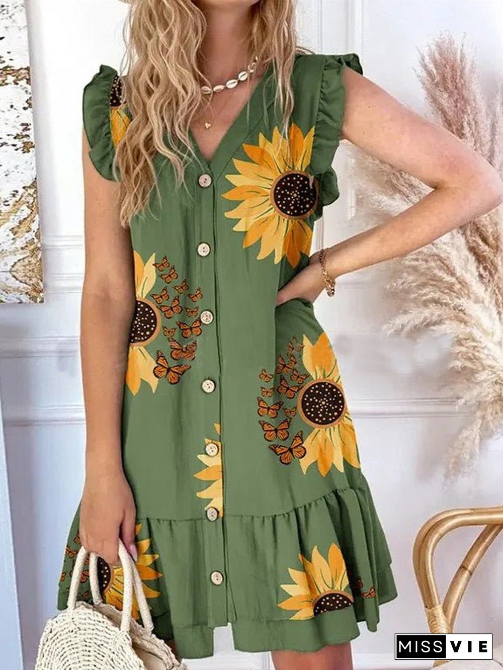 Women'S Dresses V-Neck Sunflower Print Button Ruffle Sleeve Dress