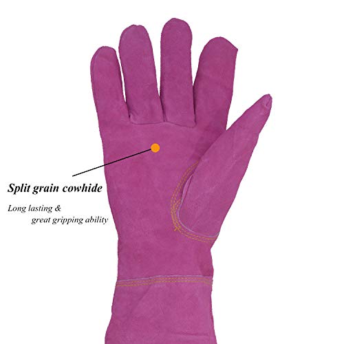 HANDLANDY Ladies Thorn Proof Gardening Gloves, Long Gauntlet Heavy Duty Garden Gloves, Elbow Length Women Leather Rose Pruning Gloves (Medium, Rosy)