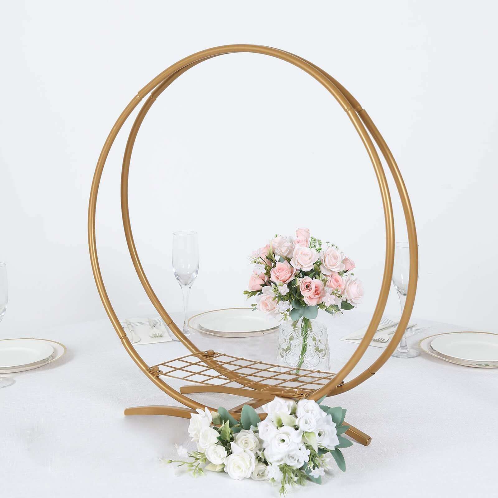 Gold Metal Double Frame Hoop Flower Table Centerpiece, Wedding Cake Display Stand 24