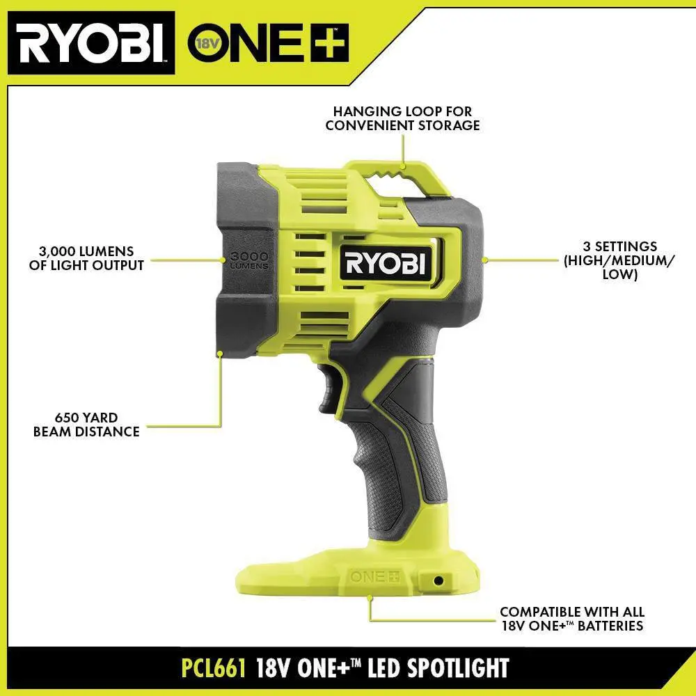 RYOBI ONE 18V Cordless LED Spotlight (Tool Only) PCL661B