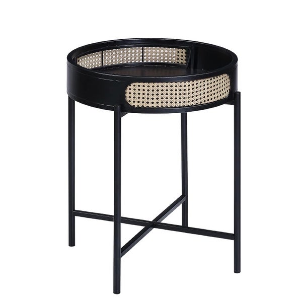 Bert 24 Inch Round End Table， Rattan Apron Accent， Metal Legs， Black