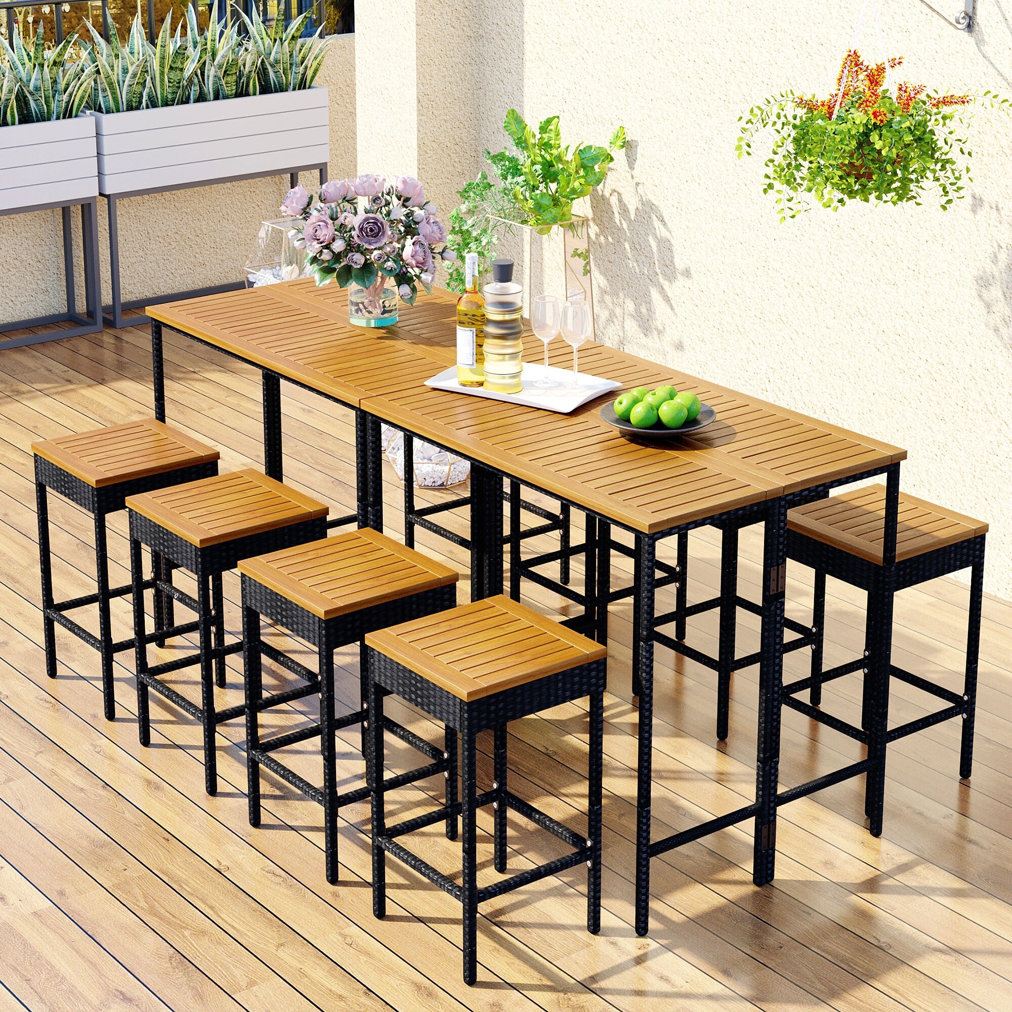 10-Piece Outdoor Patio Wicker Bar Set， Garden Steel Dining Sets with Foldable Tabletop - Overstock - 37561654