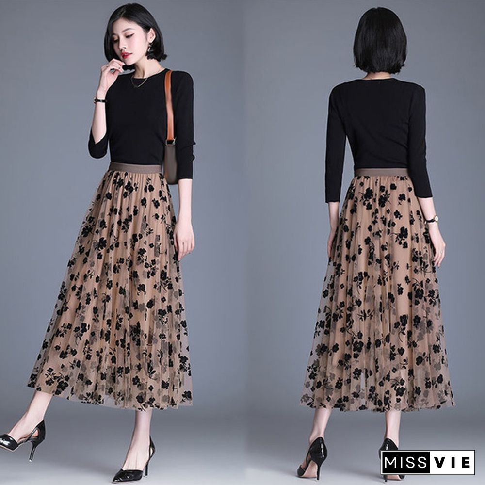 Spring Summer Women Long Maxi Pleated Skirt Midi Skirt High Waist Elascity Casual All-Match A- Line High Waist Streetwear Skirts