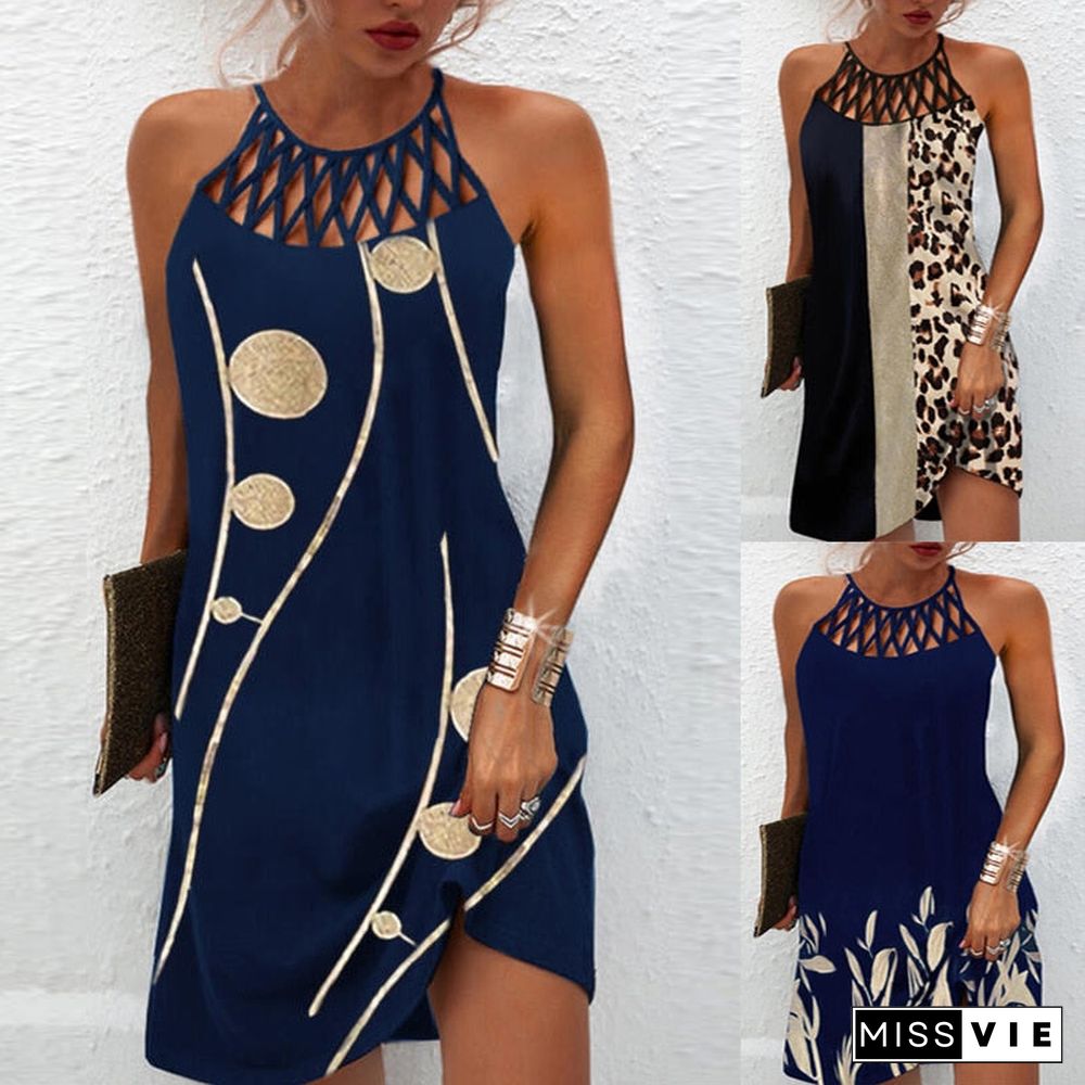 Women Sexy Dress Summer Fashion Hollow Sleeveless Print Beach Mini Dresses Female Vintage Elegant Boho Party Dress Vestido