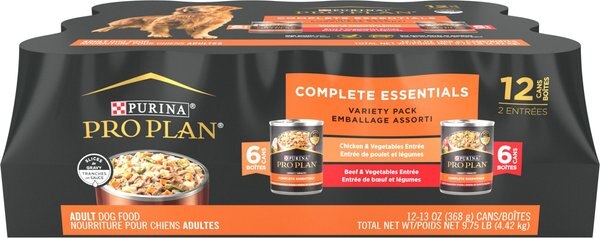 Purina Pro Plan Complete Essentials Variety Pack Beef and Vegetable and Chicken and Vegetable Entrée Slices in Gravy Wet Dog Food， 13-oz can， case of 12